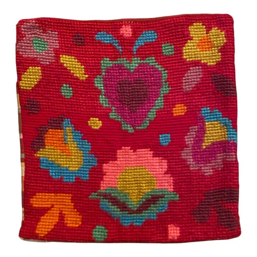 Vintage Embroidered Handmade Throw Pillow Cover Case Hearts Floral 70s/80s Style